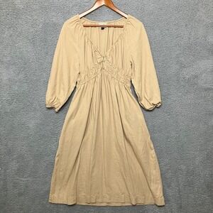 Universal Thread Midi Dress Women M Tan Linen V-Neck Pockets Prairie Cottage